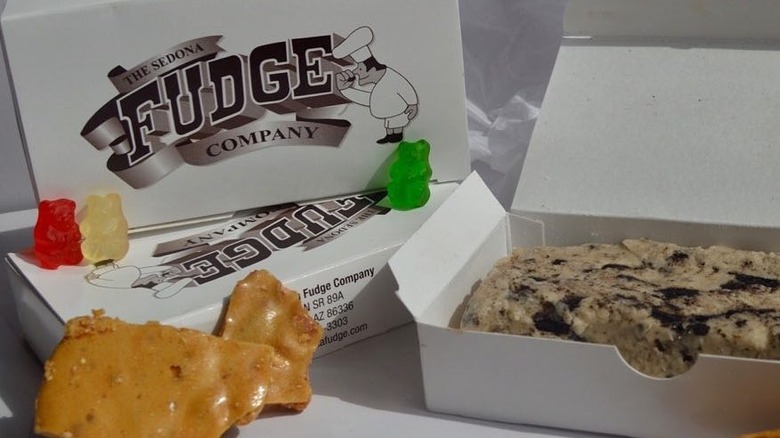 The Sedona Fudge Company fudge box, with assorted fudge and Gummy Bears on top