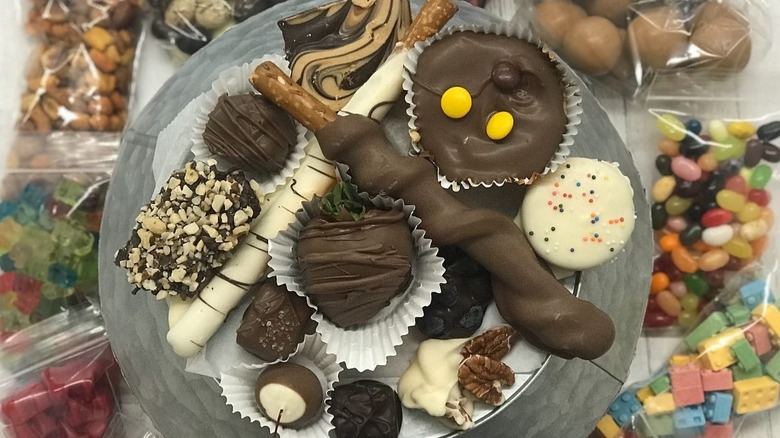Assorted chocolate confections and candy on a plate