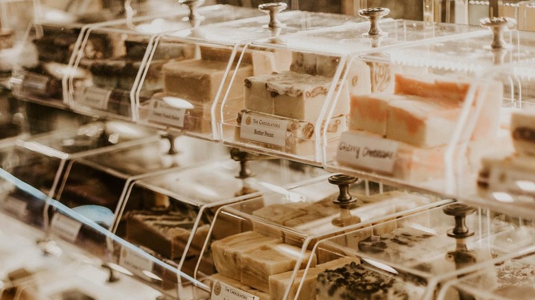 Showcase of assorted fudge on display at the store