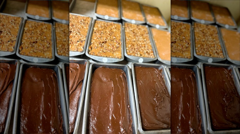 Rows of fudge in aluminum tins