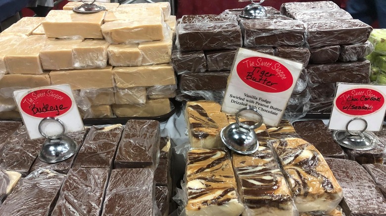 Assorted fudge flavors. From left to right: buckeye, tiger butter and chocolate caramel with sea salt