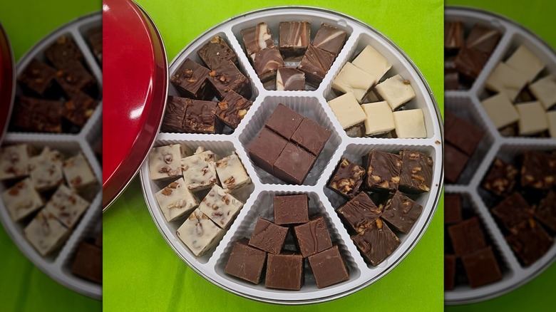 Assorted Fudge in sectioned white tin