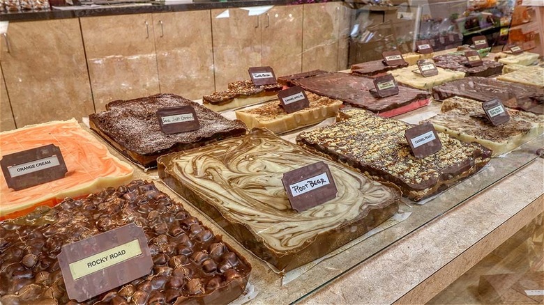 Slabs of fudge lined up on counter
