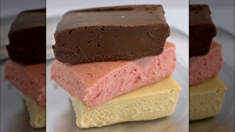 Stack of Neapolitan fudge at Grandpa's Cheesebarn in Ohio