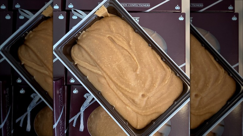 Top-down view of pan of peanut butter fudge