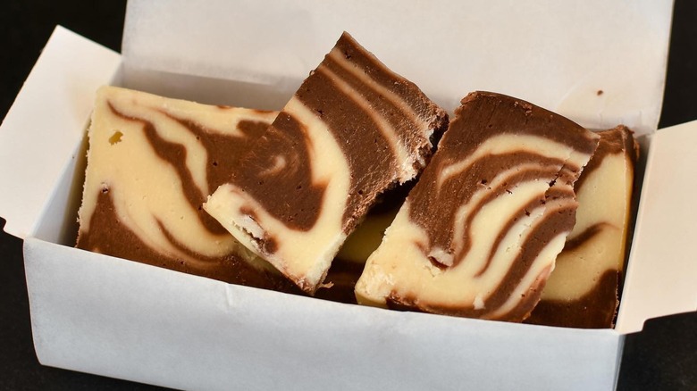 Swirled fudge in a white box