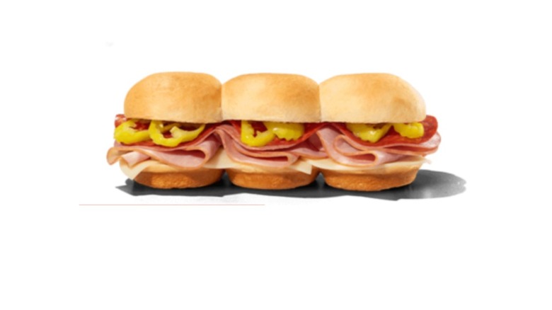 Three Italian slider sandwiches on a white background