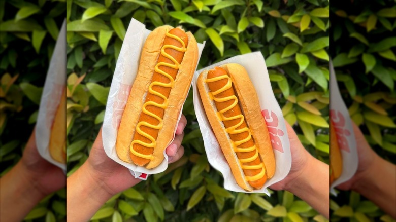 Two hands holding 7-Eleven Big Bite hot dogs with mustard