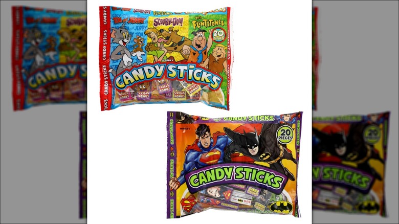 Two bags of Halloween candy with cartoon and comic book characters