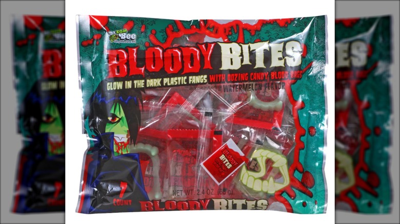 Bag of Halloween novelty candy with plastic fangs
