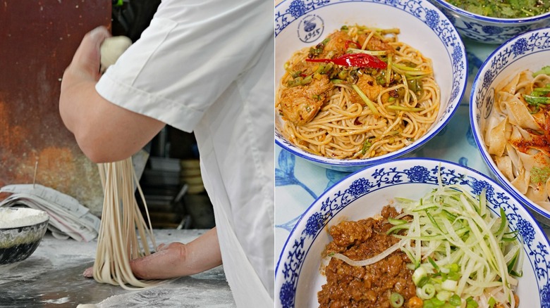 A chef pulling noodles at 1915 Lanzhou Hand Pulled Noodles and several dishes made with the noodles.