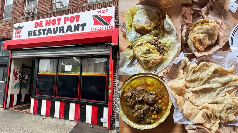 The front of De Hot Pot restaurant in Brooklyn, and a large selection of the menu options on a table.