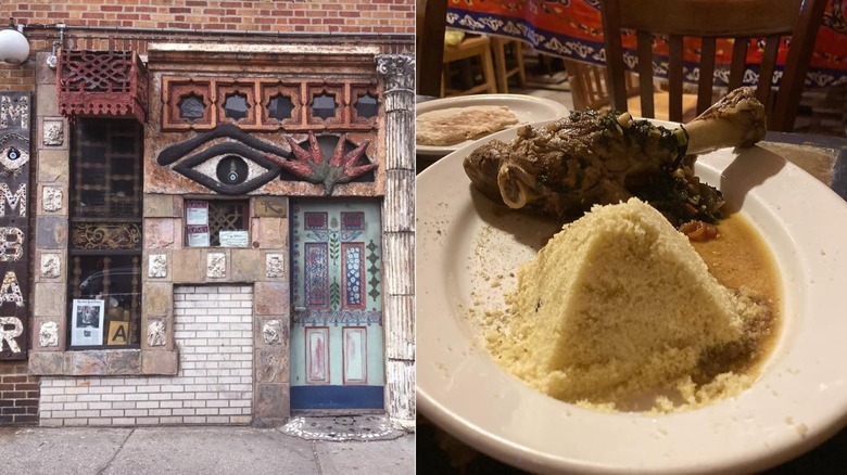 The outside faced of Mombar, and a plate of couscous shaped into pyramids
