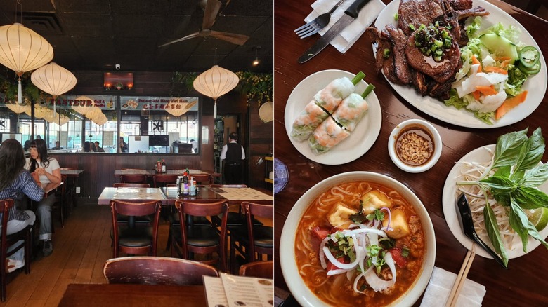 The dining room at Pasteur Grill & Noodle and a table with several of the restaurant's popular dishes.