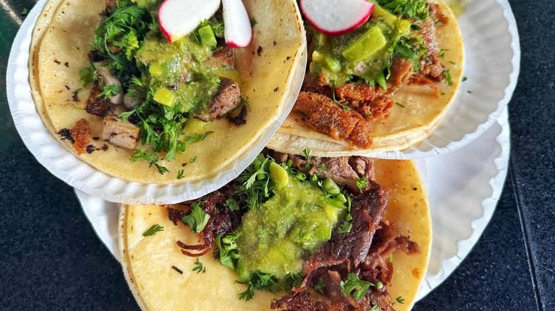 Paper plates holding three kinds of authentic Mexican tacos from Taco Veloz in Queens.