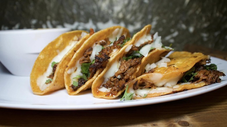 a row of cheesy tacos on a plate