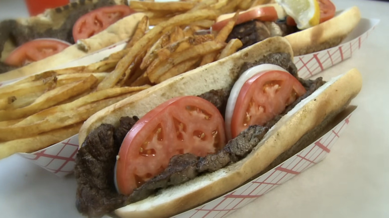steak sandwich with fries