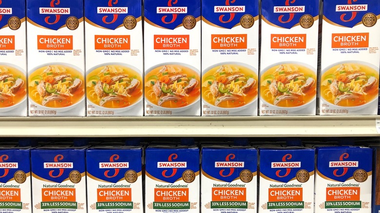 boxed chicken broth on shelf