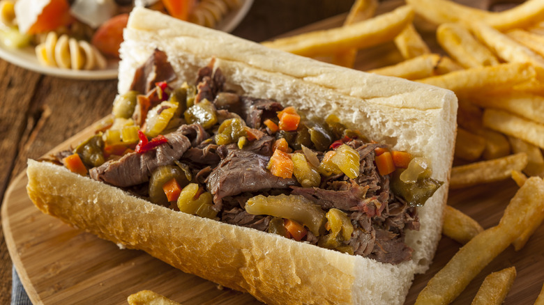 Italian beef sandwich with giardiniera and peppers