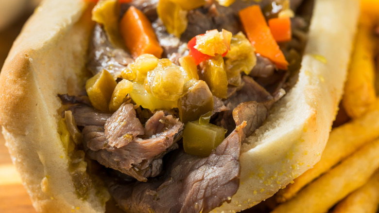 Italian beef sandwich with giardiniera and peppers