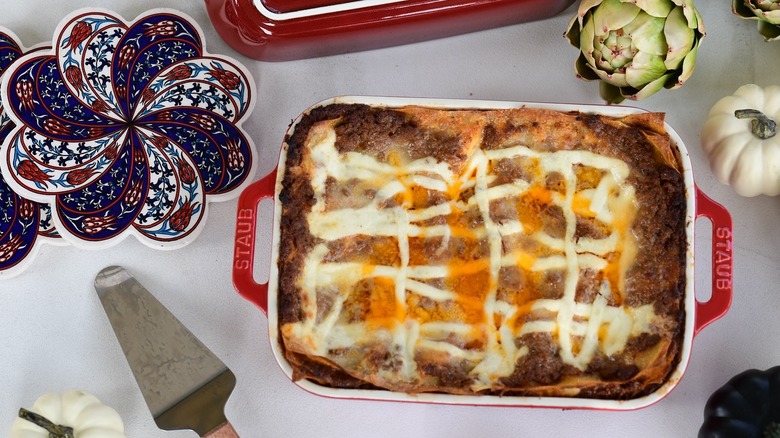 Lasagna alla Bolognese staged on a table