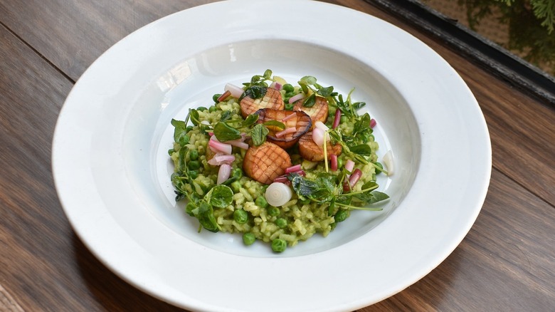 Spring Pea Risotto with Royal Trumpet Mushrooms in a white dish