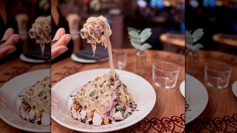 Fettuccine with gorgonzola cream, smoked ham, wilted radicchio, roasted butternut squash and broccoli