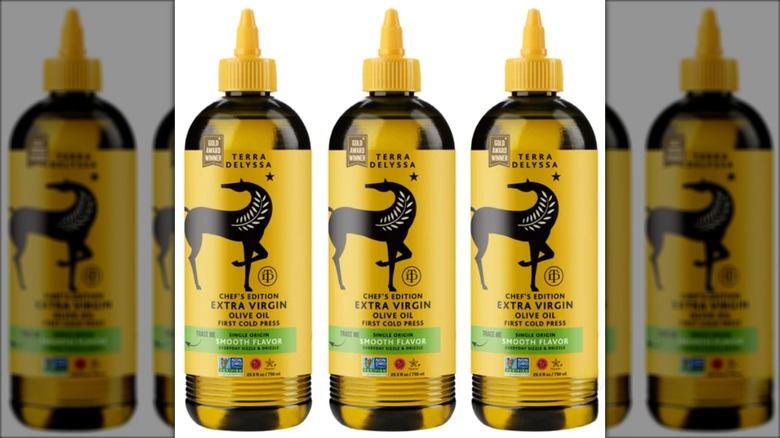 Three bottles of Terra Delyssa extra virgin olive oil