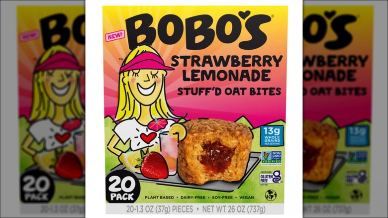 box of bobo's brand filling stuffed bites in strawberry lemonade flavor