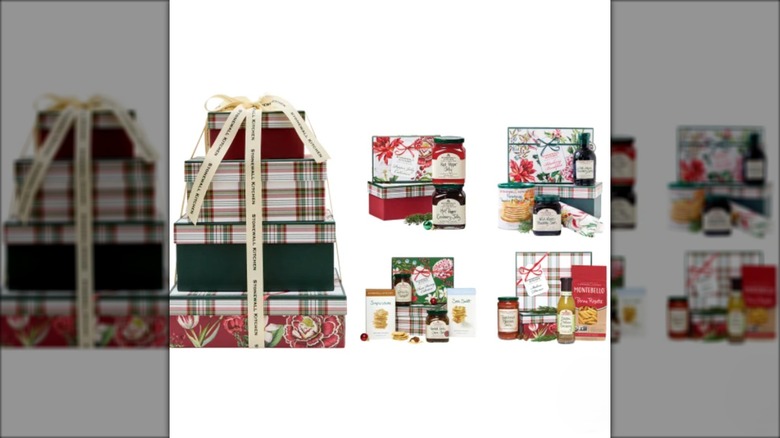 multi tier gift box with hams, cookies, and assorted foods
