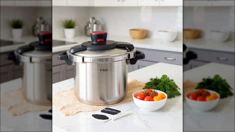 stainless steel pressure cooker on kitchen counter
