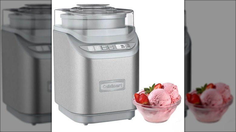 home ice cream maker next to bowl of ice cream