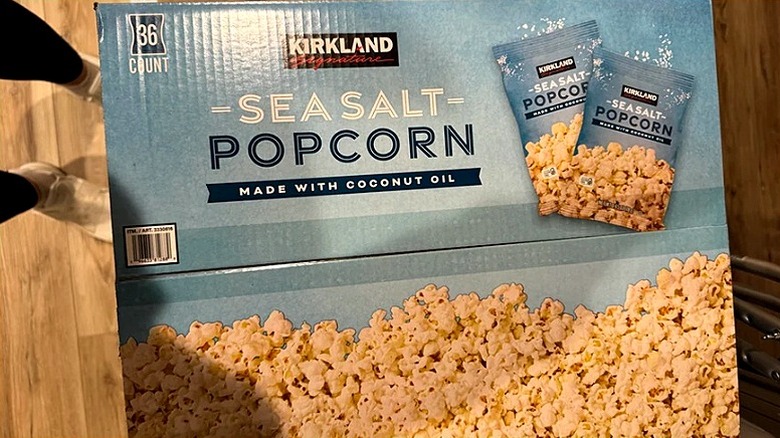 Box of Kirkland Sea Salt Popcorn Made with Coconut Oil