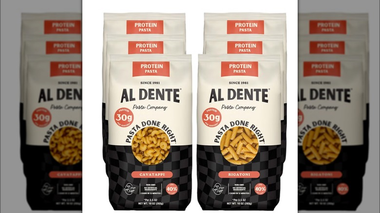 Boxes of al dente cavatappi and rigatoni protein pasta from Costco