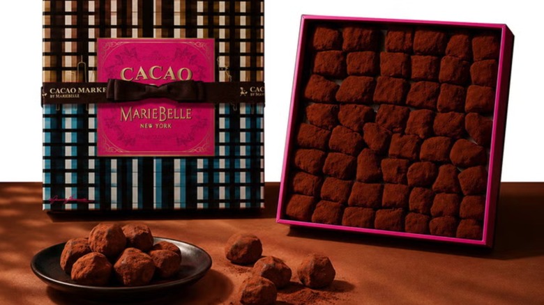 A box of the Cacao Market by MarieBelle New York dark chocolate truffles from Costco