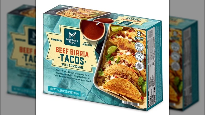 Package of frozen beef birria tacos.