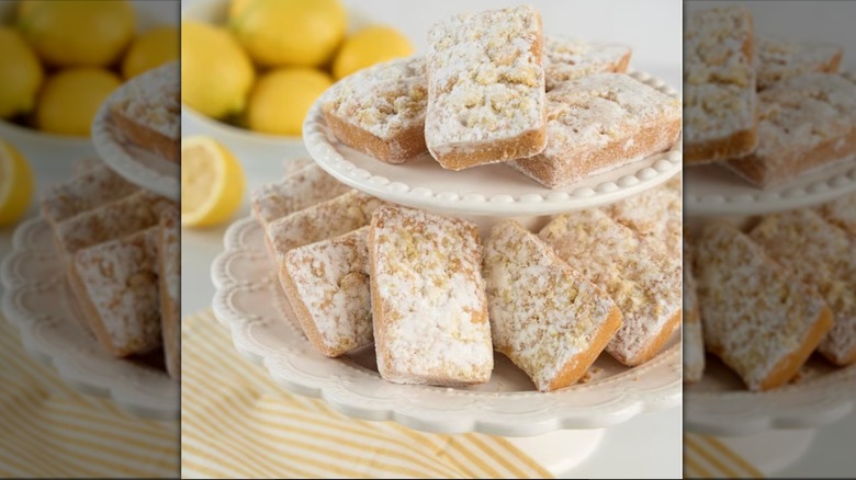 Tiered display of Member's Mark Lemon Bar Blondies with lemons in the background