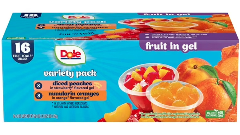 Box of Dole fruits cups with fruit-flavored gel.