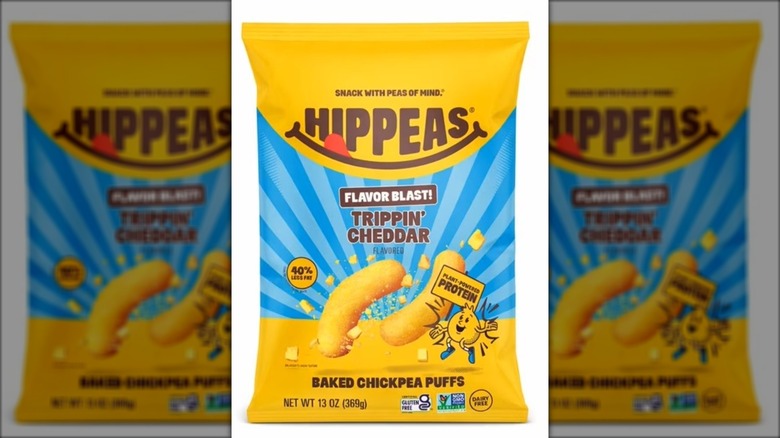 Bag of puffed cheddar-flavored chickpea snack.