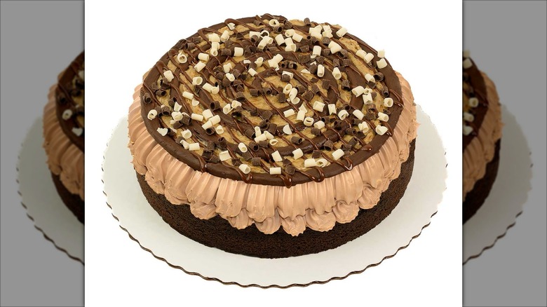 An elaborately decorated chocolate cake with icing, chocolate savings, and syrup.