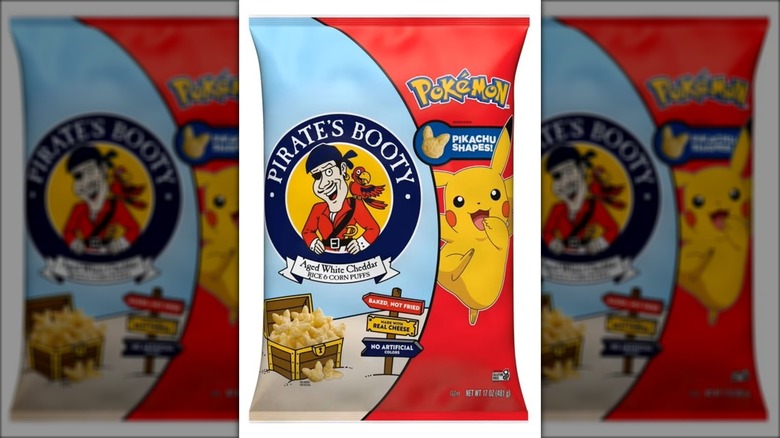 Bag of white cheddar corn puff snacks in the shape of Pikachu from Pokémon.