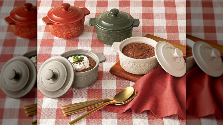 Checkered tablecloth with Sams Club mini fall cocottes with lids