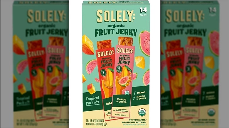 Colorful box of Solely organic fruit jerky