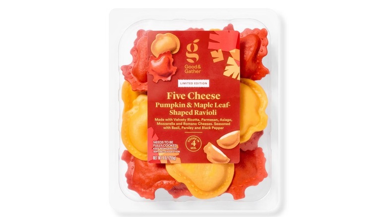 Five cheese pumpkin and maple leaf-shaped ravioli by Good & Gather packaging