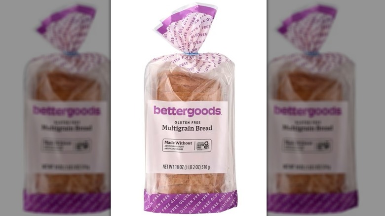 Packaged loaf of Bettergoods gluten free multigrain bread.