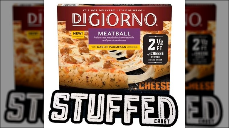 A DiGiorno meatball stuffed crust pizza in an unopened box.