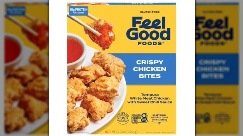 Box of Feel Good Foods frozen crispy chicken bites.
