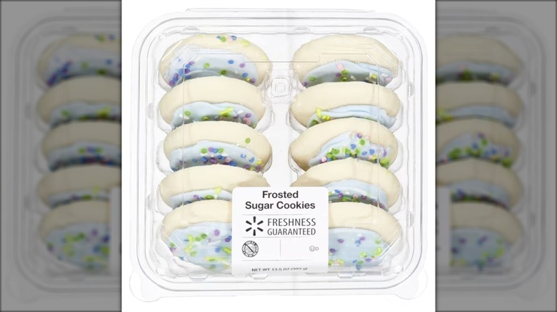 Pack of sugar cookies with blue frosting and sprinkles.
