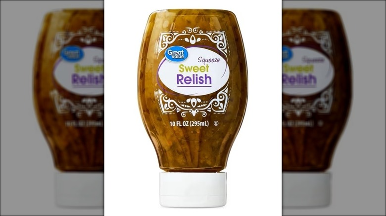 Bottle of Great Value sweet relish.