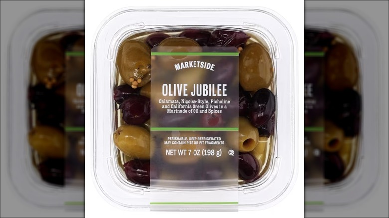 A variety pack of different olives by Marketside.